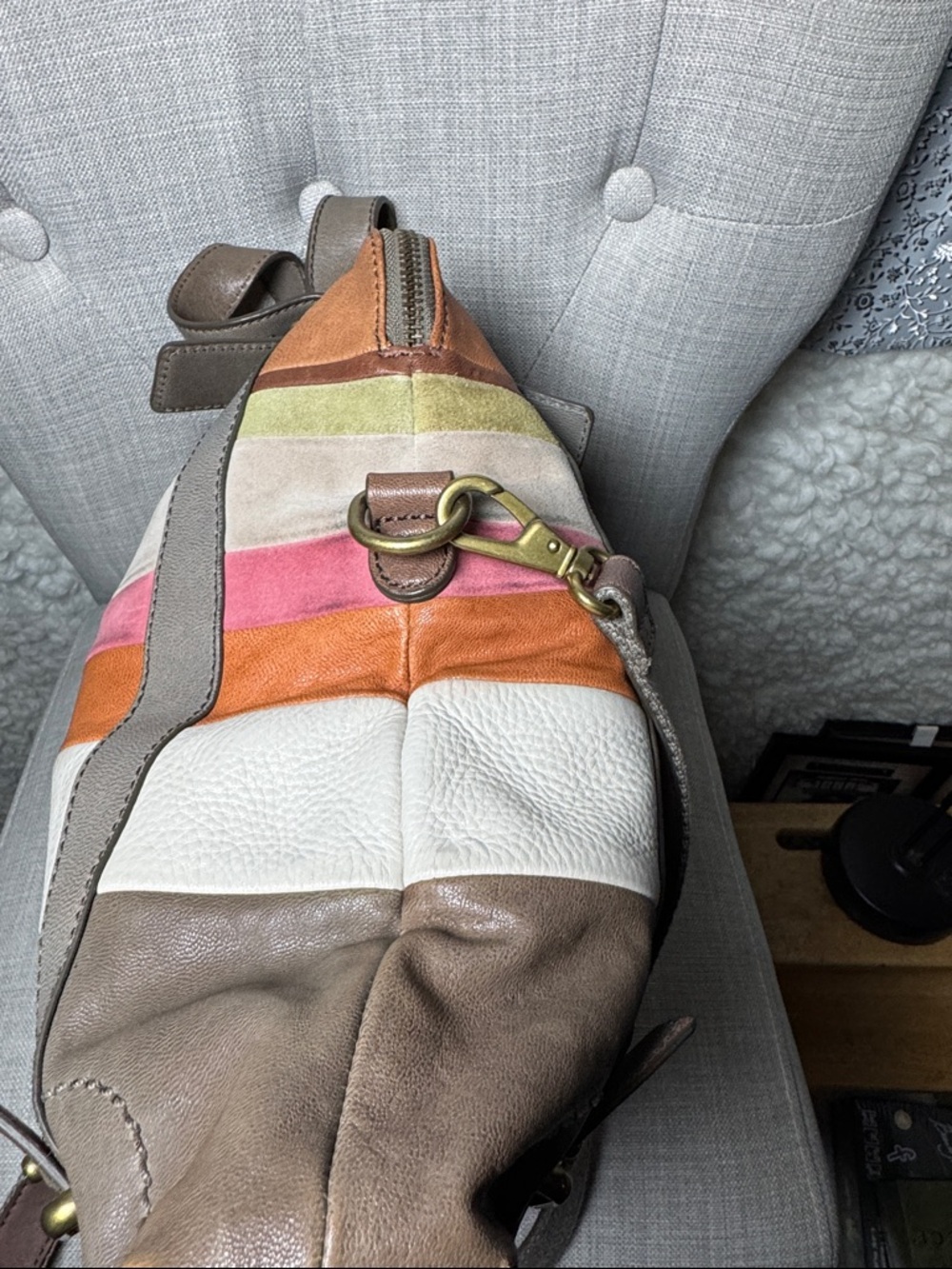 Fossil Leather Multi-Stripe Tote Bag in Brown and Pink - Picture 4 of 5